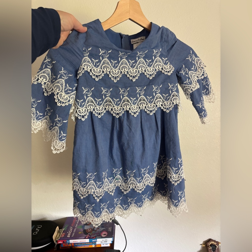 Chasing Fireflies Girl's Dress Size 6 Blue White Tiered Embroidered Lace